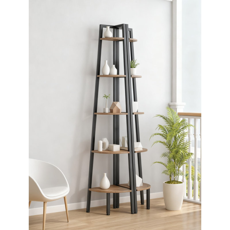 5-Tier Corner Shelf With Metal Frame, Industrial Ladder Display Stand For Living Room, Kitchen, Home Office And Small Spaces