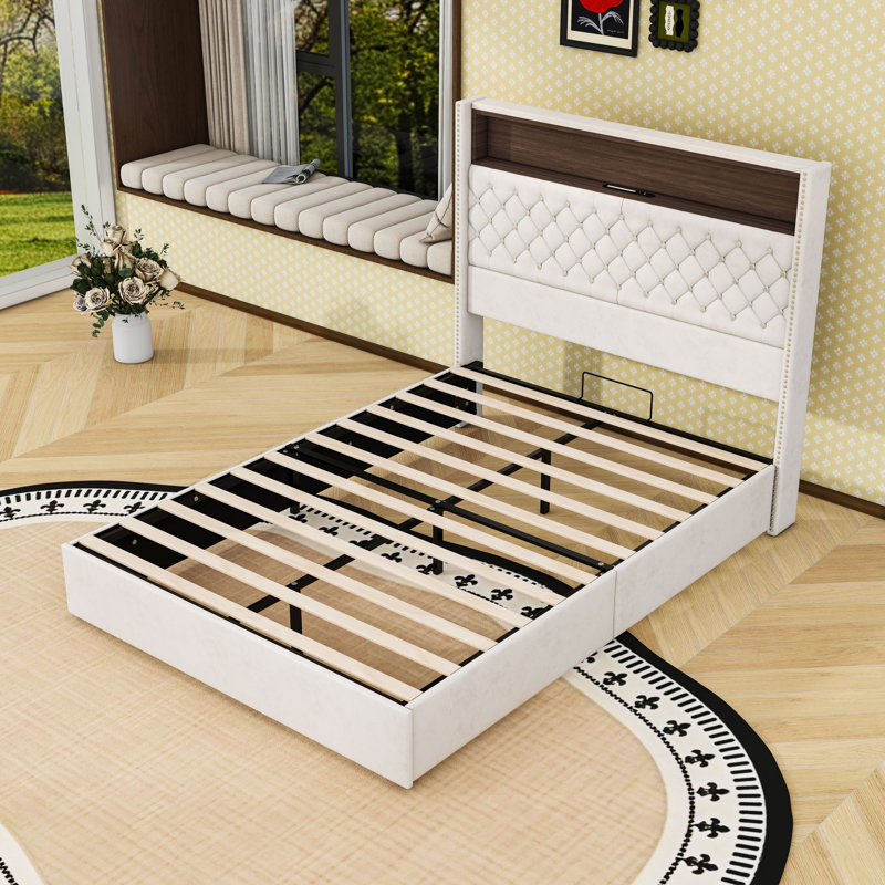 Lit plateforme tapissier avec port USB et veilleuse, Beige, Complète