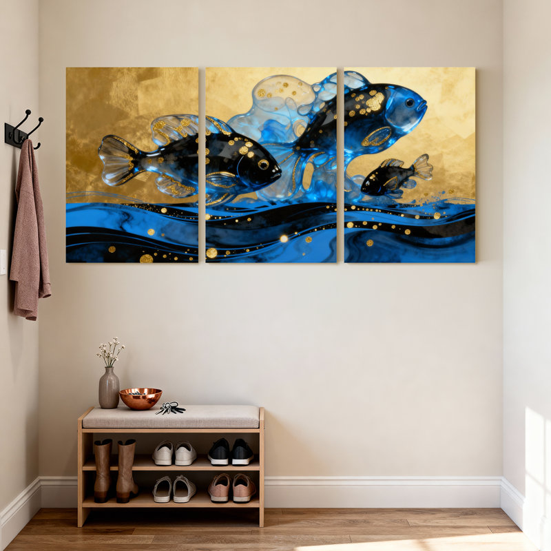Poisson bleu, fond doré, vagues d'eau, ensemble de 3 impressions sur toile, H 18 po x l 36 po
