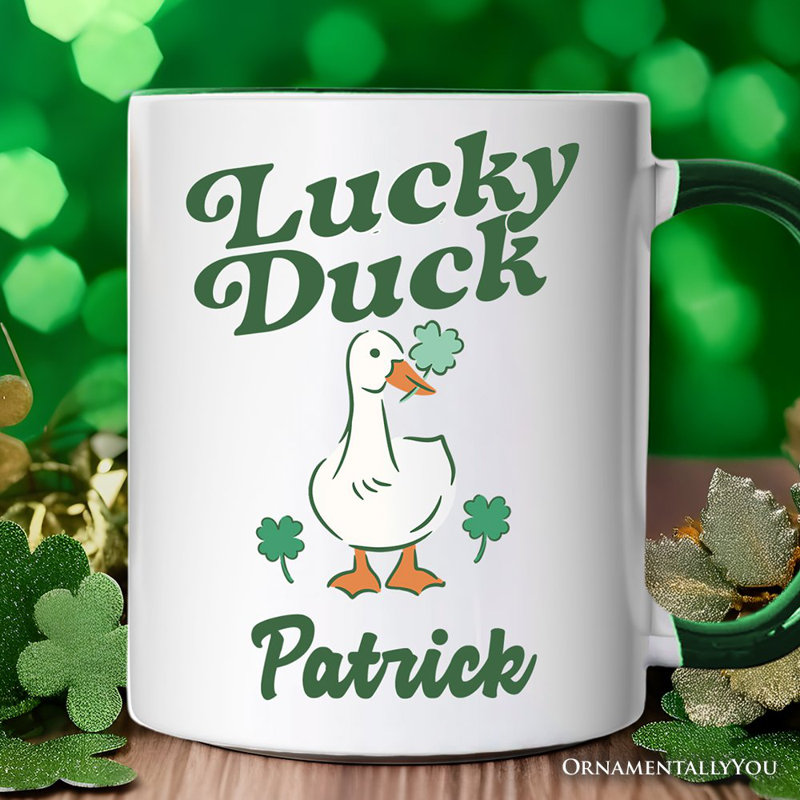 Tasse trèfle Lucky Duck St Patrick’s Day, cadeau trèfle mignon avec nom personnalisé