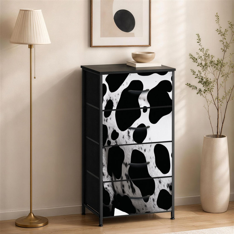Commode à 4 tiroirs pour chambre à coucher, motif vache, texture peau western, taches de bétail, fourrure blanche, petite commode haute pour placard, rangement avec tiroirs et bacs de rangement en tissu.