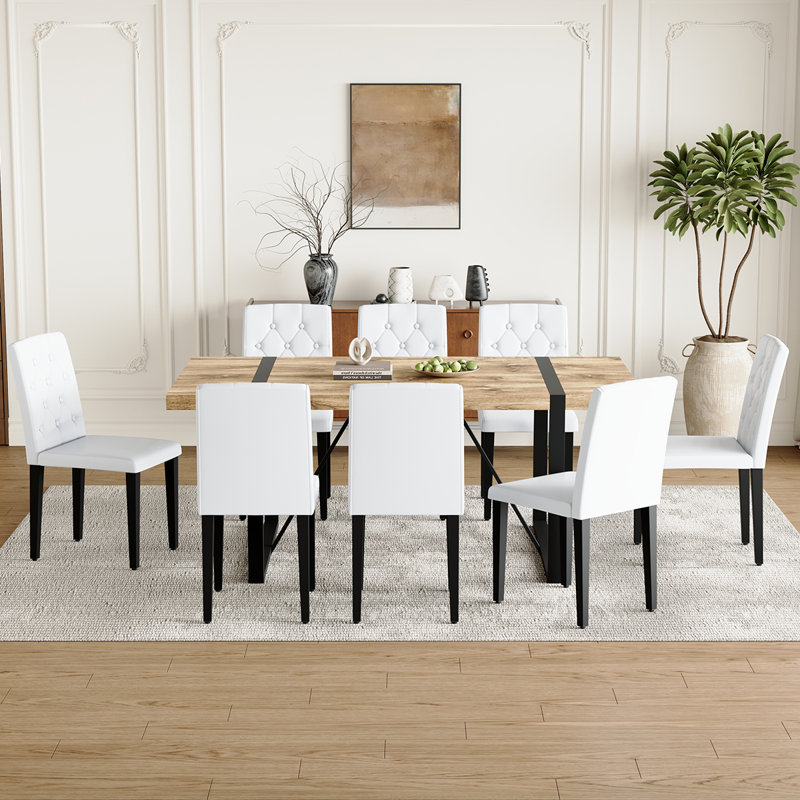 Table de salle à manger moderne pour 8 personnes | Table 71 po en bois et métal avec chaises, Bois foncé, Blanc