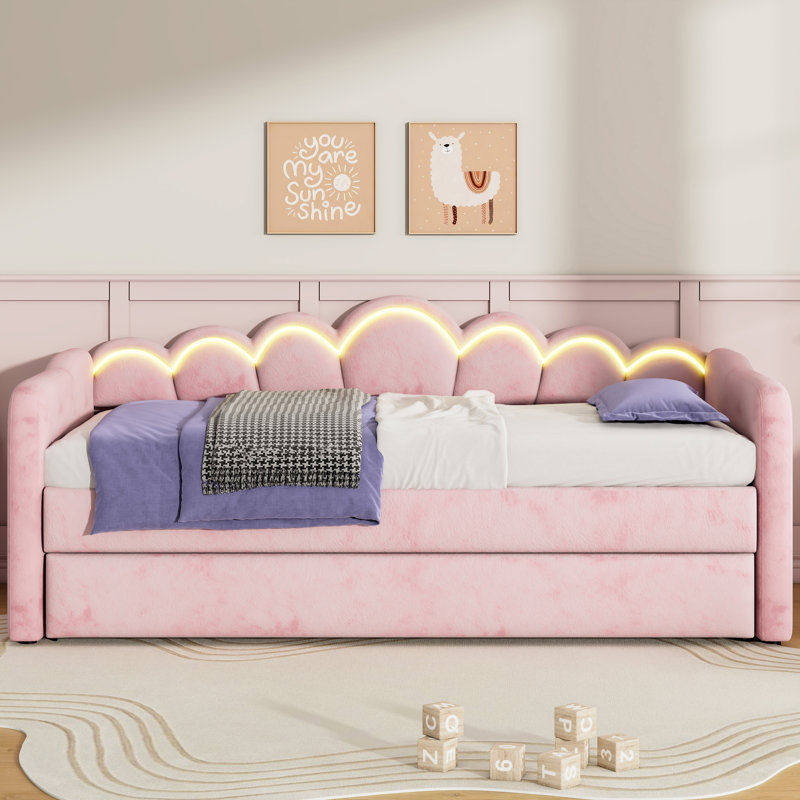 Upholstered Daybed With Pop-up Trundle And Led Light, Pink