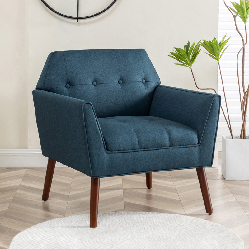 Fauteuil capitonné à boutons avec structure en bois massif 30 po Ayna, Mélange de polyester / coton bleu foncé