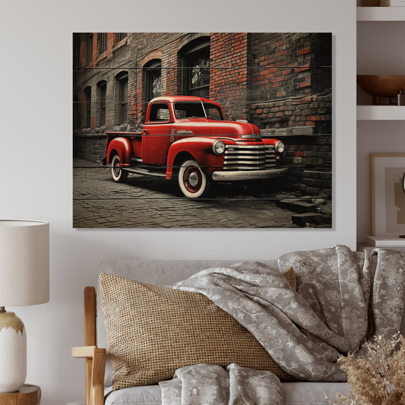 Camionnette rouge rétro Hauler I sur bois, H 30 po x l 40 po x P 0,78 po