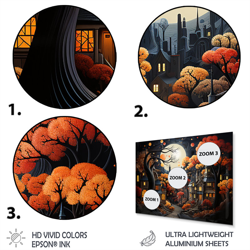 Cozy Village In Autumn Moonlit IV - City Art Deco Metal Wall Art, 16" H x 32" W x 1" D