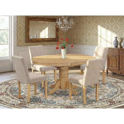 5 Piece Dining Room Table Set Includes an Oval Kitchen Table with Butterfly Leaf and 4 Light Tan Linen Fabric Parson Dining Chairs, 42x60 Inch, Oak