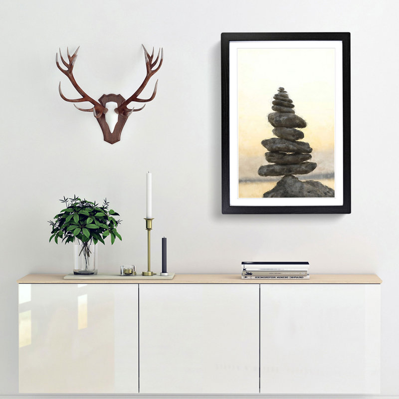 Balancing Zen Stones - Picture Frame Painting Print, 45cm H x 33cm W x 2cm D, Black Framed