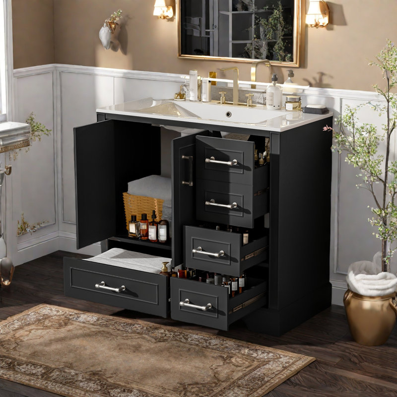 Meuble-lavabo de salle de bain avec lavabo, armoire de rangement en bois massif et en panneau de fibres à densité moyenne de 36 po avec lavabo en céramique, portes à fermeture en douceur et 4 tiroirs, style traditionnel avec poignées dorées