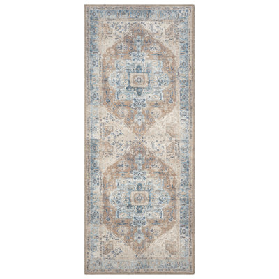 GLN Rugs Vintage Collection - Machine Washable Area Rug, Vintage Washable Rug, Non Slip Area Rug, Low Pile Living Room Rug, Bedroom Rug, Bathroom Rug - Easy Clean (Beige and Blue Rug)
