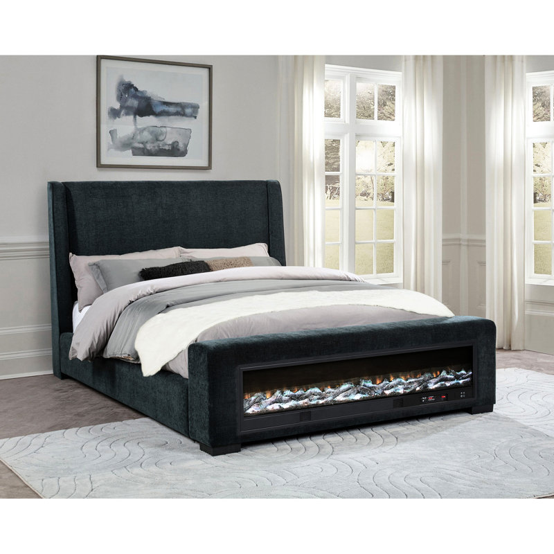 Aire de repos moderne grand bleu foncé tapissier, conception à oreilles attrayante, flammes visuelles avec 13 motifs de couleurs, réglage de la luminosité sans fil, lit de couchage de taille haut-parleur, points forts adorables,