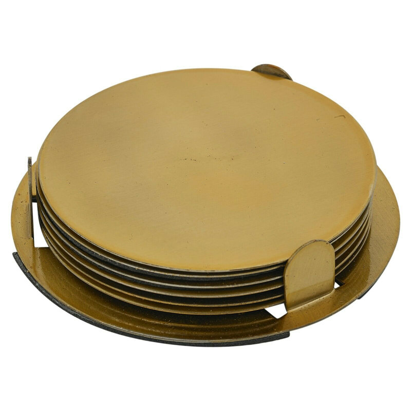 Stainless Steel Round 6 Piece Coaster Set With Holder, Brown
