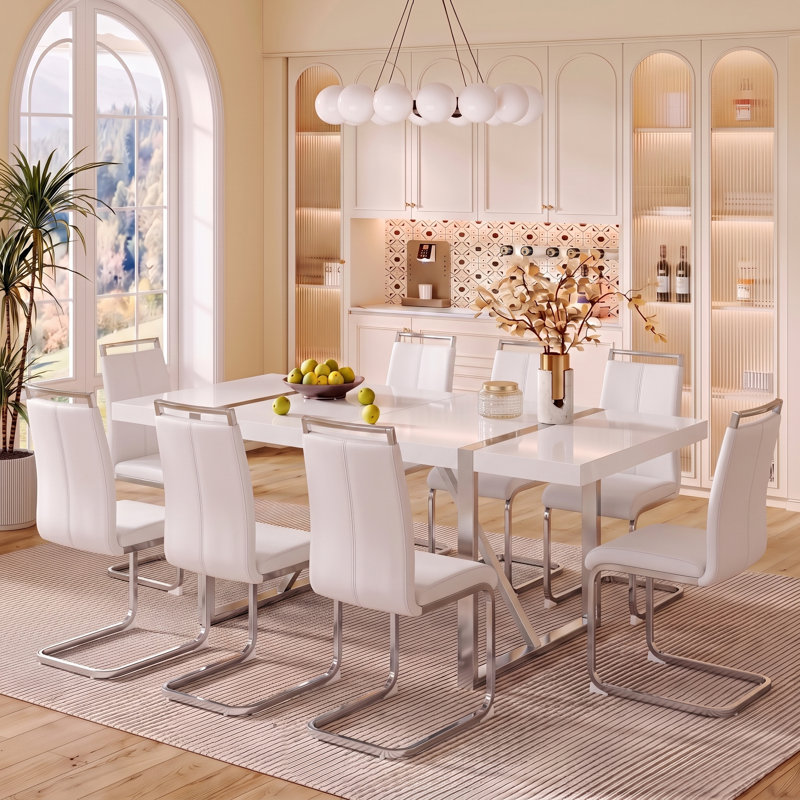 9-Piece Modern Glam Rectangular High-Gloss Wood Dining Set with Faux Leather Cantilever Chairs, 9, White