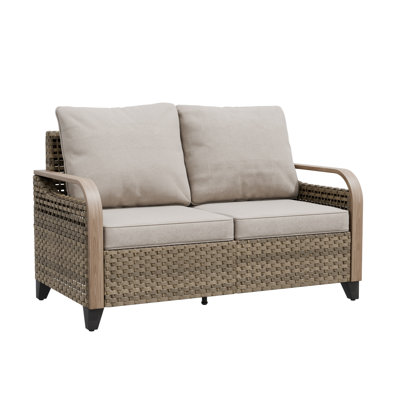 Outdoor Patio Brown Wicker Wood Grain Armrest Dining Loveseat with Cushion