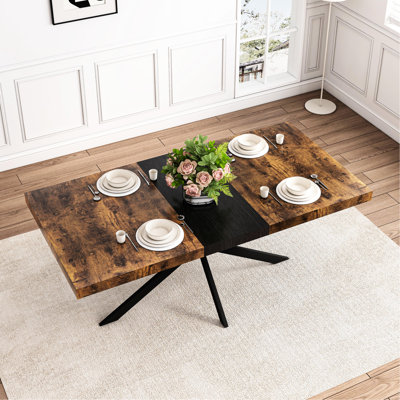 Retro Rectangular Stretch Dining Table With Antique Wood Top And Black Relief Plate, Fine Sand Cross Iron Foot Base, Storage Box Included, Seats 6, +m