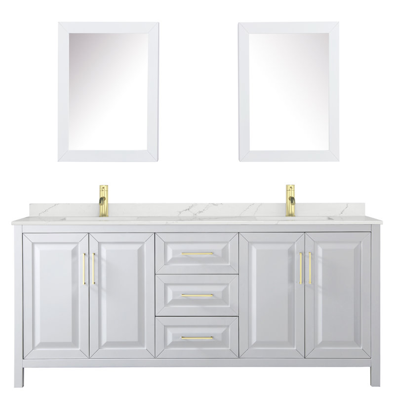 Daria 80 in. with Mirror Vanity, White Quartz, White, Brushed Gold