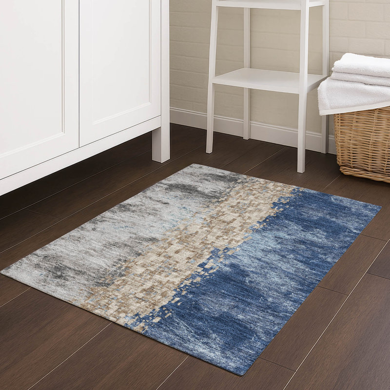 Tapis moderne Ceajay ACN3112 lavable à la machine pour intérieur et extérieur, Navy, 1 pi 8 po x 2 pi 6 po