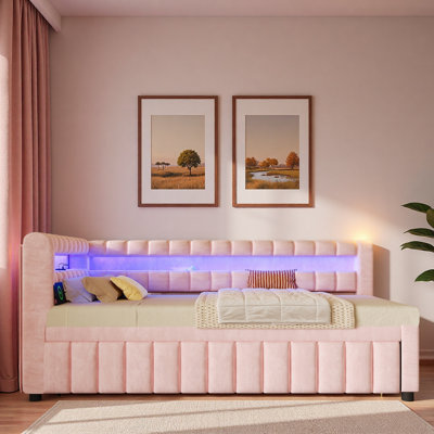 Lit de jour rembourré avec lumières DEL, ports USB et lit gigogne escamotable