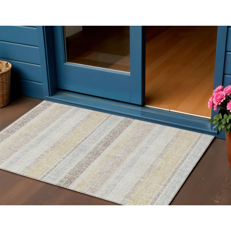 Tapis extérieur lavable rayé ivoire et beige 3 pi x 5 pi
