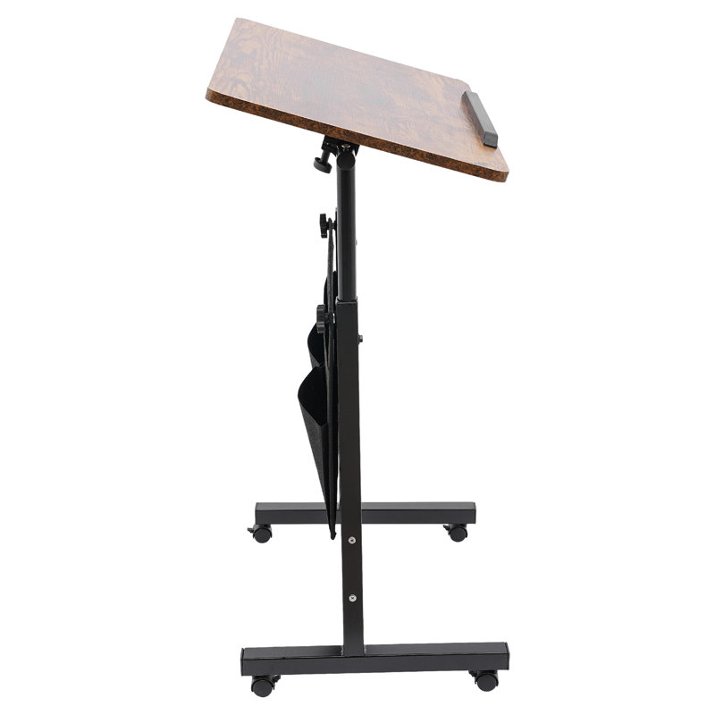 Bureau roulant brun réglable en hauteur pour ordinateur portable, inclinable à 180°, avec sac de rangement pour la maison, la chambre ou le bureau.
