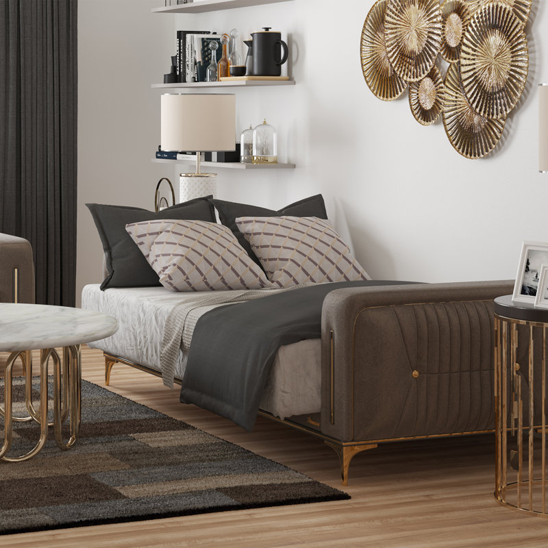 Canapé-lit rembourré avec rangement Humiston, Microfibre brune
