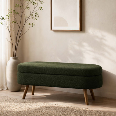 Banc de rangement avec repose-pieds ovale rembourré avec pieds en bois d'hévéa