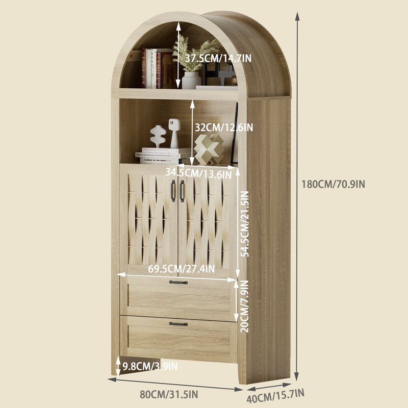 71" Tall Mid Century Arched Display Cabinet, Open Shelf Storage Cabinet For Dining Room, Oak