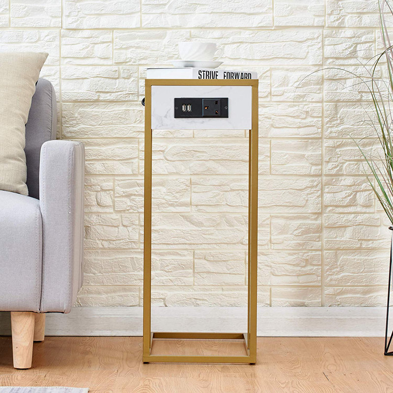 Delarosa Frame End Table with Built-In Outlets, Gold Finish Frame