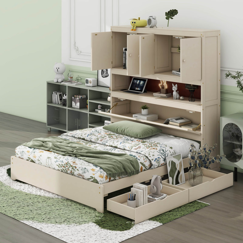Lit plateforme double en bois avec port USB, tête de lit et tiroirs de rangement, Crème