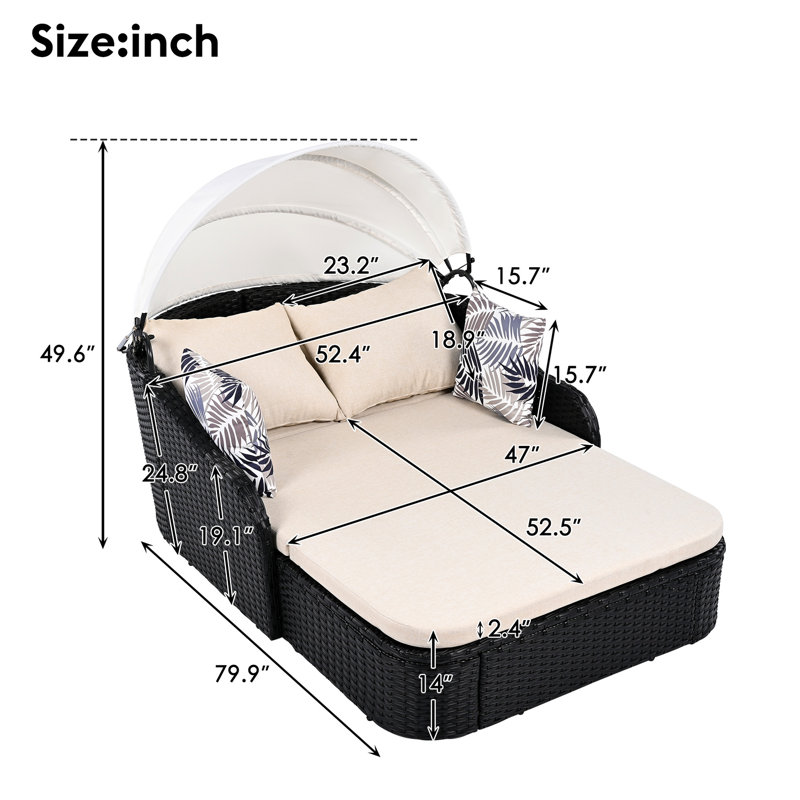 Adjustable Sunshade Sunbed For Outdoor Use - Double Lounge, Pe , Black , Beige Pillow Shifting Canopy, Beige