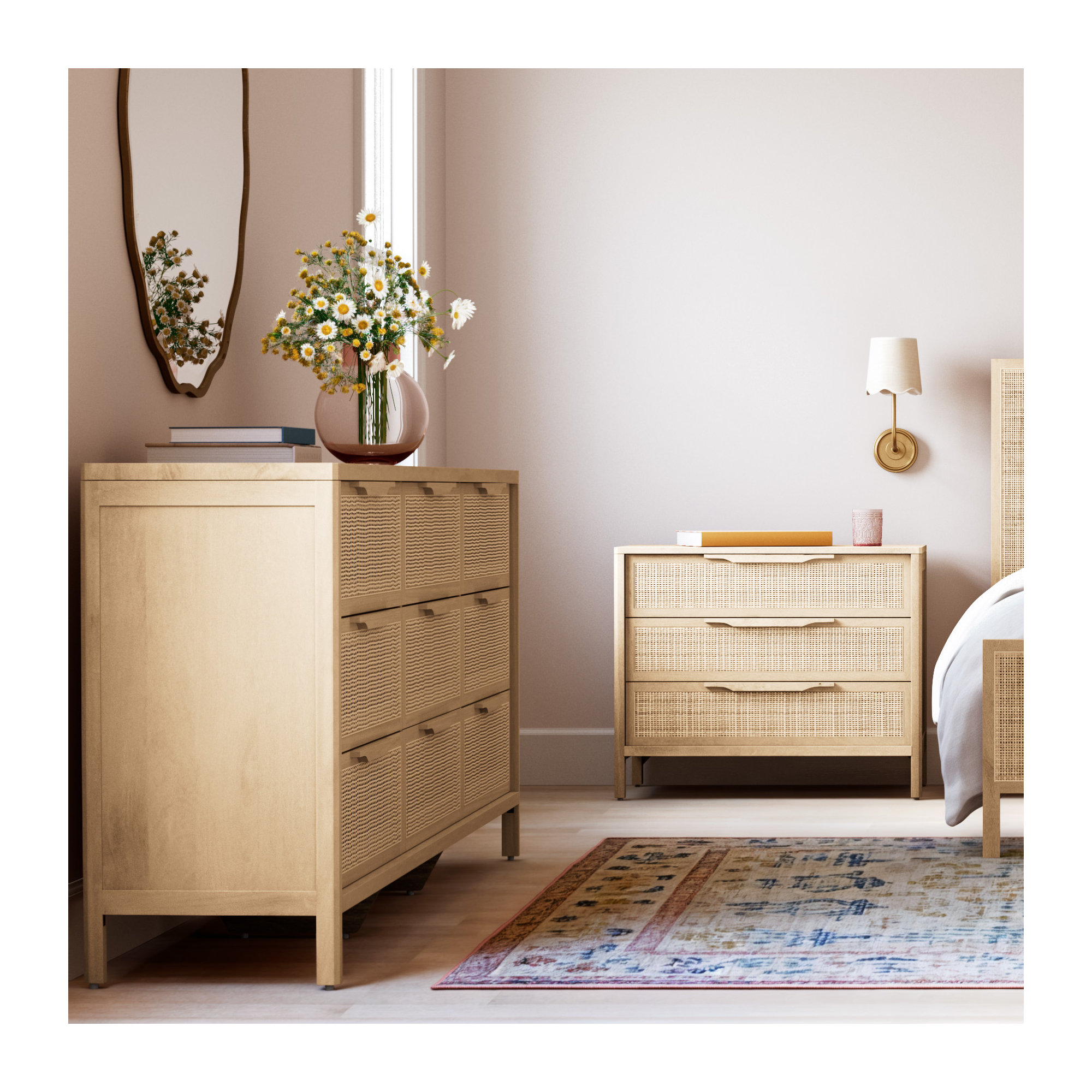 Nellie 9 Drawer Cane Dresser, Natural Mango
