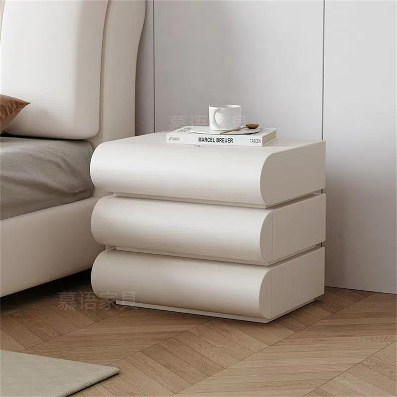 Modern Minimalist Cream Leather Bedside Table with Storage Drawers for Bedroom - Italian Style Design