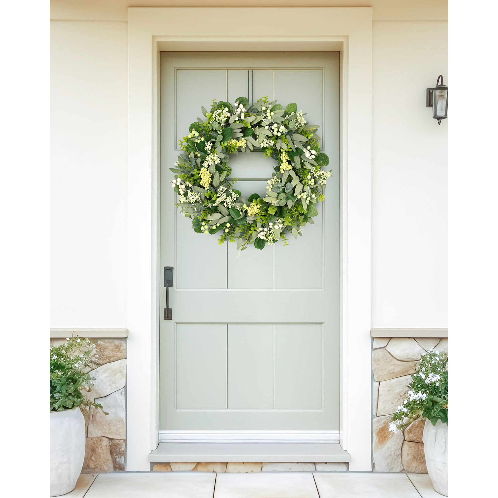  Green Eucalyptus Leaf Wreath, 24 Inch Artificial Spring Summer Wreaths for Front Door Decor Boxwood Wreath with Big Berries, Farmhouse Greenery Wreath Outside Year Round - Indoor/Outdoor