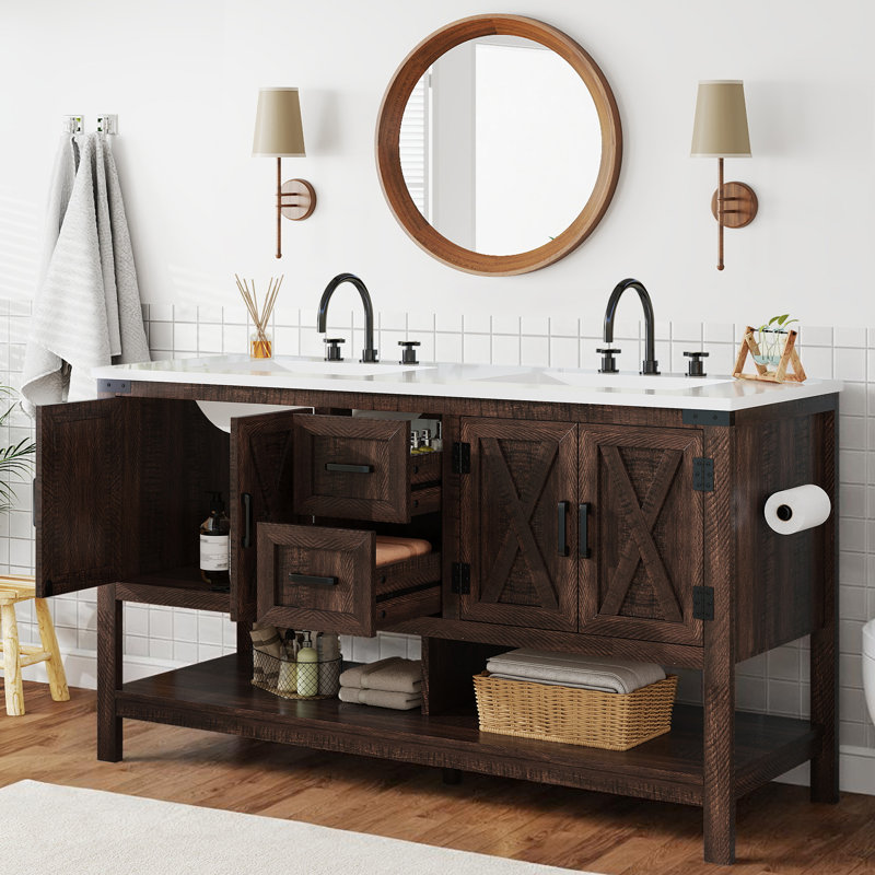 Meuble-lavabo de rangement campagnard avec lavabo double 60 po Chimira, Brun, 33.3'' H x 60.6'' W x 22'' D