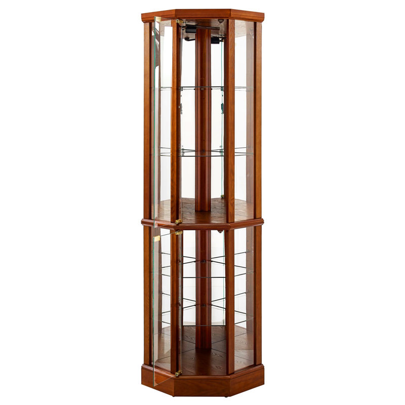6-Shelf Display Cabinet In Oak With Adjustable Glass & Mirrored Back 6 Shelf Curio Tempered Shelves, Oak