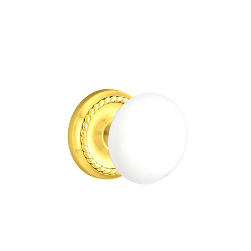Ensemble de faux boutons Emtek avec rosette en corde et bouton en porcelaine blanc glacé, Laiton brillant