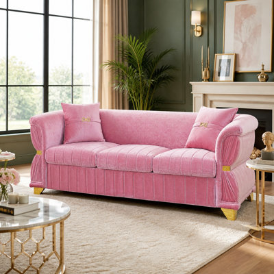 Canapé 3 places moderne en velours rose de 212 cm (83,5 pouces), avec 2 coussins décoratifs et finitions dorées, idéal pour le salon, la chambre ou un appartement.