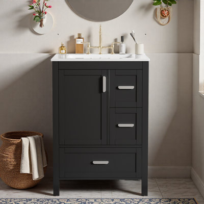 Meuble-lavabo moderne de 24 pouces avec lavabo en céramique, porte à fermeture douce, tablette à double couche