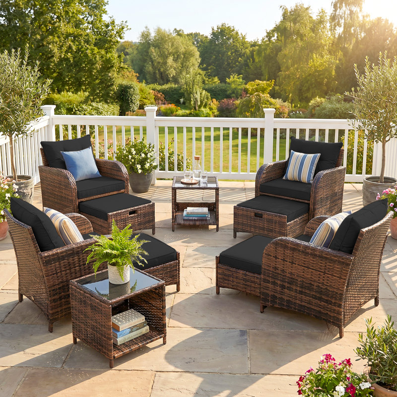 4-person Outdoor Wicker Patio Conversation Set, Modular Sectional Seating Group With Ottomans And Tempered Glass Coffee Table, Weather-resistant All-weather Furniture Set For Backyard Deck Poolside