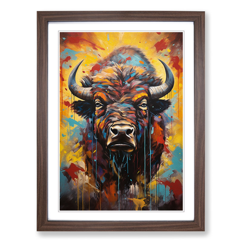 Buffalo Hard Edge Painting - Single Picture Frame Print on Wood, 46cm H x 34cm W x 2cm D, Walnut Framed