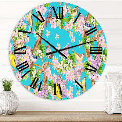 Little Birds Sitting On Spring Flow - Traditional wall clock
