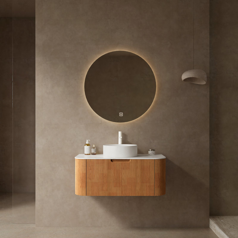 36" Bathroom Vanity with Sink, Wall-Mounted Floating Curved Edges Striped Bathroom Storage Cabinet with a Drawer Round Ceramic Basin without Faucet, Pre-assembled