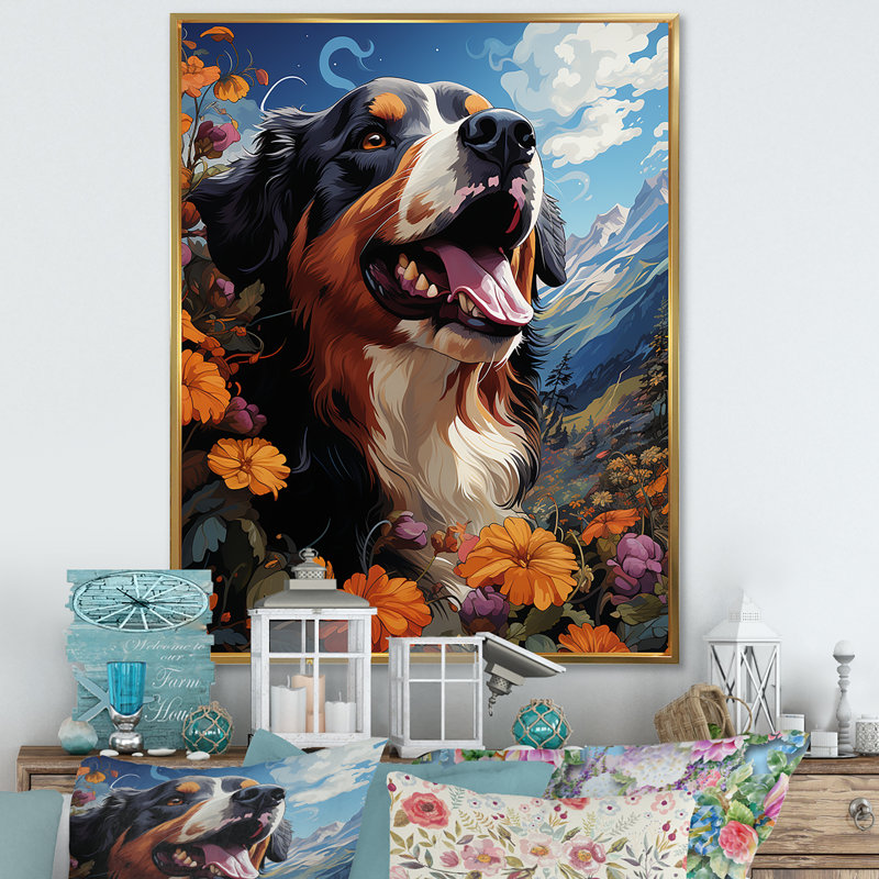 Bernese Mountain Majesty IV sur toile, Cadre flottant doré, H 20 po x l 12 po x P 1 po