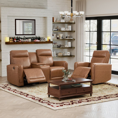 Ensemble de salon inclinable électrique en cuir fleur 2 pièces: fauteuil inclinable électrique + causeuse avec console et type C et USB