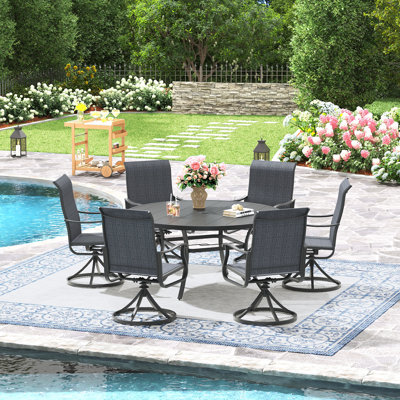 6-Person Patio Dining Set with 53" Round Metal Dining Table and 6 Swivel PVC-coated polyester Chairs