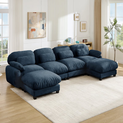 4-Seater Modular U-Shaped Sectional Sofa with 2 Movable Ottomans, Chenille Deep Seat Cloud Couch with Lumbar Pillows, Blue