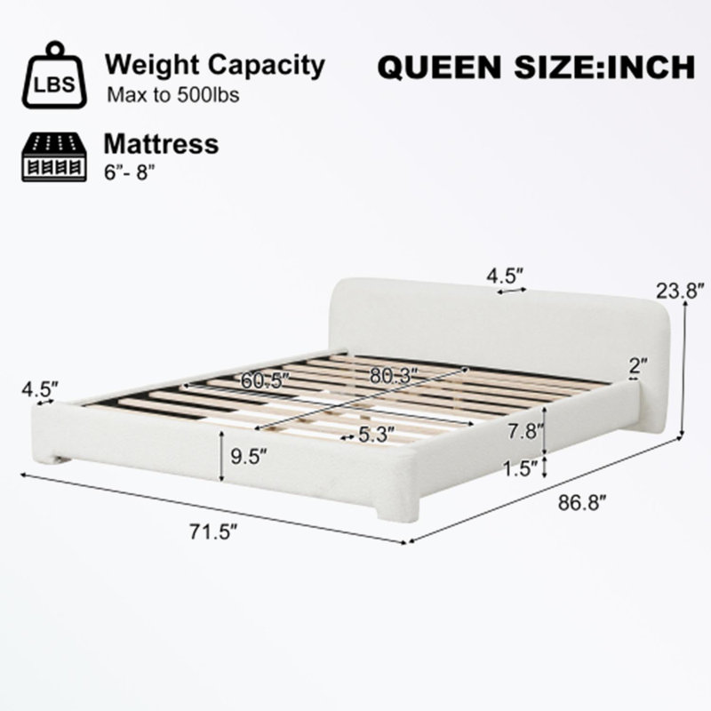Boucle Upholstered Bed with low headboard, Queen