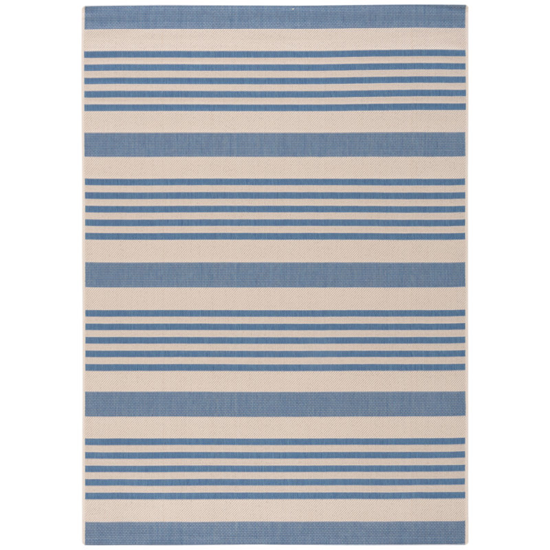 Beige and Blue Striped Synthetic Indoor/Outdoor Rug, 5'3" x 7'6"