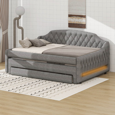 Upholstered Full Size Daybed With LED Lights, Trundle & 3 Drawers, Linen Sofa Bed