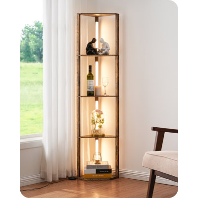163Cm Led Corner Floor Lamps With Shelves, 4 Layers Wood Dimmable Standing Lamp